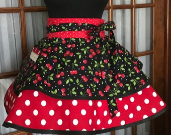 Cherry Apron Cherries Apron Polka Dot Retro Apron Red and Black Gift for Her