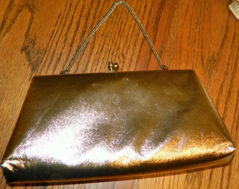 An Elegant Gold Vintage Evening Bag or Purse~Clutch w/ a Faux Leather Outside~Gorgeous Bag is Holiday Ready~w/ a Small Chain & Nylon Lining