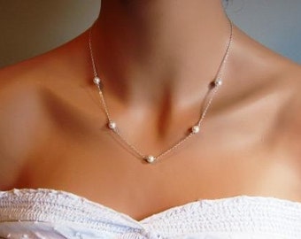 Delicate Silver Handwrapped Pearl Necklace- simple elegant bridal bridesmaids jewelry, available in gold, original design by ACutieChick.