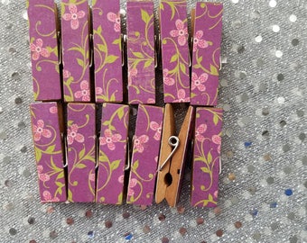 Pink Watercolor Wildflowers Flowers on Purple - Clips w Twine for Photo Display - Chunky Little Clothespin Set of 12 - Gifts For Her