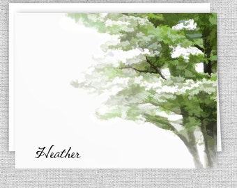 Personalized Note Cards Stationery - Painted Dogwood - Set of 10 - Folded Note Cards - Personalized Gift - Green Tree - Font Choice