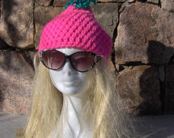 Winter Beanie Hat crochet neon pink wool