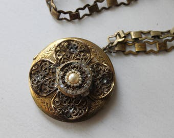 Project Piece, Vintage Locket Necklace, Rhinestone and Pearl Center with Brass Filigree, Extra Large, Old, Jewelry, Craft, Repurpose, Flower