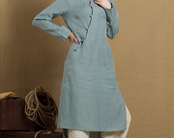 Linen Tunic Dress In Grey Blue / Linen Tunic Blouse / Longsleeve Winter Blouse Top - Custom
