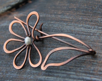 Shawl pin, scarf pin, sweater pin, copper and pearl shawl pin "Blooming", acessories