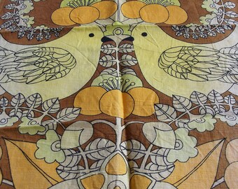 Vintage Kitsch Tea Towel -Yellow Love Birds with Orange Flowers
