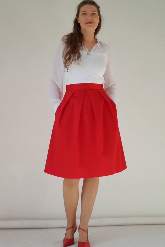 cotton pleated midi skirt elastic waistband red black