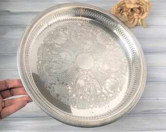 Vintage Round Silver Serving Tray / Silver Tray / Serving Tray / Silver Vanity Tray / Vintage Silver Tray / Vintage Tray / Round Tray