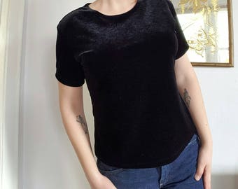 Vintage Black Velvet Crew Neck Short Sleeve Top
