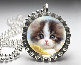 Kitty Cat Bottlecap Pendant Necklace - Bottelcap Pendant Necklace - Free Ball Chain