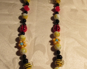 Ladybug and Bumble Bee Glass Beaded Necklace with Bumble Bee Metal Pendant and Earring Set (C121)