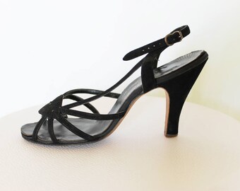 Vintage 1940s 50s Ankle Strap Suede Leaf Pinup Heels 7.5