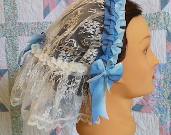 Cream Lace Fanchon Styled Day Cap withTwo-tone Blue Ribbon