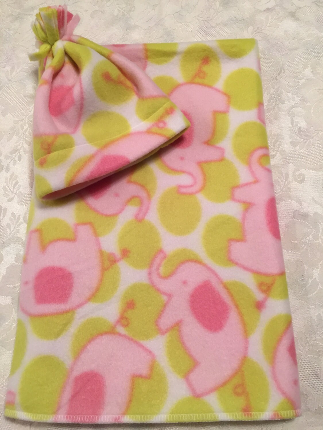 Newborn Fleece Receiving Blanket and HatPink Elephants