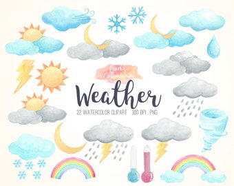 BUY 2 GET 1 FREE Watercolor Weather Clip Art - sun moon clouds rain snow lightning rainbow clipart & illustration - Commercial Use Ok