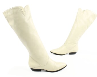 Vintage 80s Ivory Leather Riding Boots Flat Knee High Tall Pointed 1980s Women's Shoes A-Lord 6M Pirate Rocker