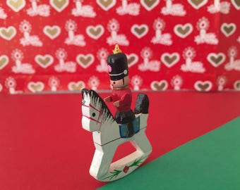 Vintage Miniature Wooden Soldier on Rocking Horse Christmas Ornament
