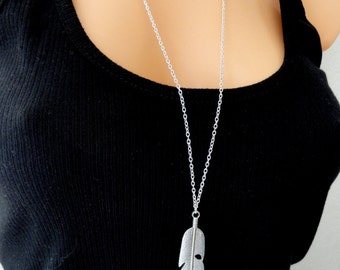 Silver feather necklace, Silver boho necklace, Long silver feather necklace, Long silver necklace, Bohemian necklace, Gifts