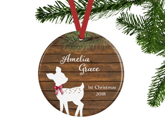 Baby's First Christmas Ornament, Personalized Baby Girl Gift, Baby Shower Gift, Keepsake Ornament, New Parent Gift, Fawn Ornament, Rustic