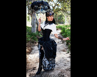 Ready to ship 3 PC Black SATIN Corset with Silver Long & Short Black Double Bustle Skirt, Steampunk, Victorian, Cosplay, Costume, Dress