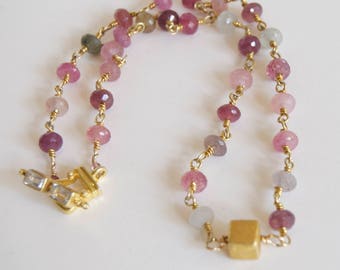 Multi Sapphire Necklace Genuine Sapphires Gold Gemstone Link Necklace Multi Color Sapphires Gemstone Party Necklace Faceted Gemstone
