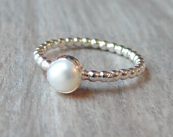 Sterling silver pearl ring Sterling silver stacking ring gemstone ring stackable ring sterling silver ring white pearl ring bubble ring