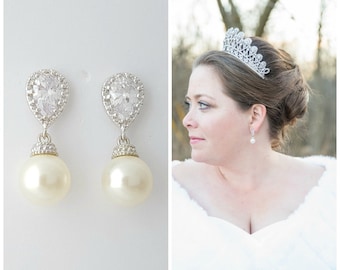 Pearl Bridal Earrings, Clip On Earrings, Bridal Jewelry, Crystal Wedding Earrings, Pearl CZ Earrings, Swarovski Pearls, Wedding Jewelry, Ava