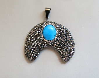 Pave Rhinestone Pendant With turquoise Inlay- B1507