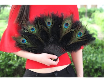 Peacock Feather Head Fans Black Marabou Feather Fans Wedding Fans Bride Fans