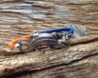 Florida Gators wrapped bracelet with alligator: blue and orange thread wrapped cuff with alligator, Gators jewelry, UF Gators, gators bangle