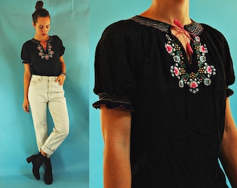 1970s / 80s Hungarian Floral Hand Embroidered Black Souvenir Peasant Blouse