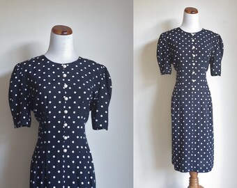 Vintage Polka Dot Dress, 80s Dress, Short Sleeve Dress, Black and White Polka Dots Dress, Dotted Dress, Pearl Button Dress, Petite Medium