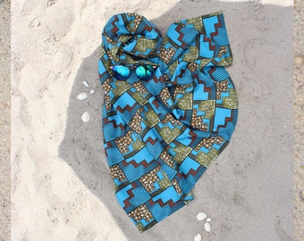 Blue beach wrap with african waxprint pattern