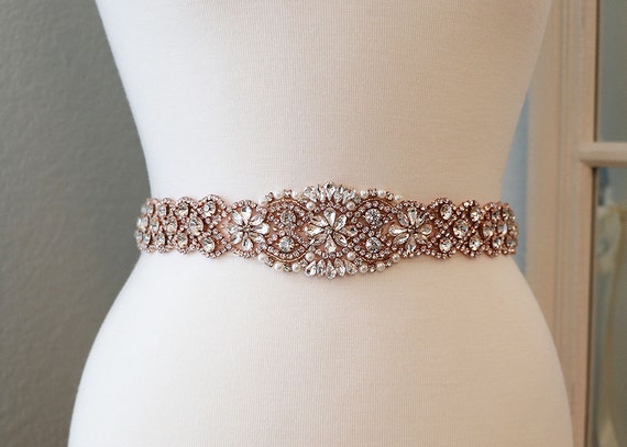 Rose Gold Bridal Sash Wedding Dress Belt Rhinestone Pearl