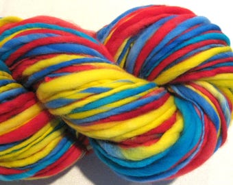 Bulky Handspun Yarn Primaries 126 yards hand dyed merino red blue yellow turquoise yarn waldorf doll hair knitting supplies crochet supplies