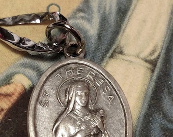 Flash Sale Vintage Saint St Theresa Pray For Us Silver Tone Italian Made Religious Medal Pendant