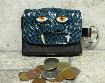 Zippered Coin Purse Change Purse Turquoise Black Leather Monster Face Pouch Key Ring Harry Potter Labyrinth 25
