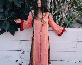 Vintage Multi Colored Kaftan, Ornate Beaded Pink Dress