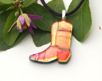 Fused dichroic glass pendant, boot, red, orange, cowboy boot