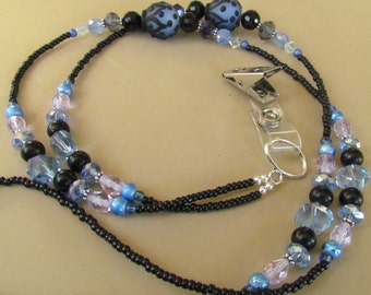 Beaded ID Lanyard, Blue and Black, Lampwork, Badge Holder, Jewelry, Work Id, Gift Giving, Gift for Her, Fashion, Harleypaws, SRAJD