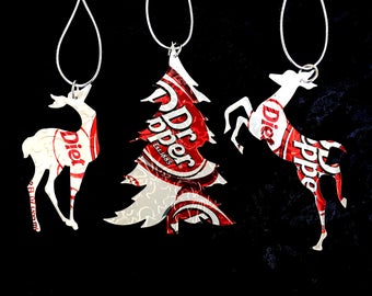 Recycled Dr Pepper Diet Dr Pepper Soda Can 3-Piece Christmas Ornament Set
