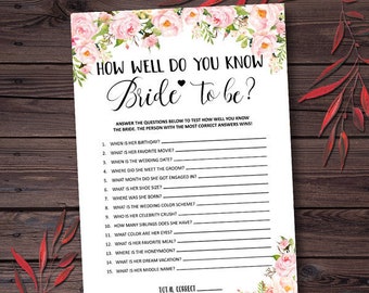 How Well Do You Know the Bride to Be Game, Who Knows the Bride Best, Floral Bridal shower Game Printable, Instant Download, Rustic Peonies