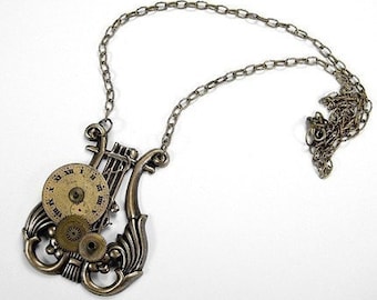 Steampunk Jewelry, Steampunk Necklace - MUSICAL LYRE, HARP Necklace, Steam punk Antique Brass Gears Steam punk