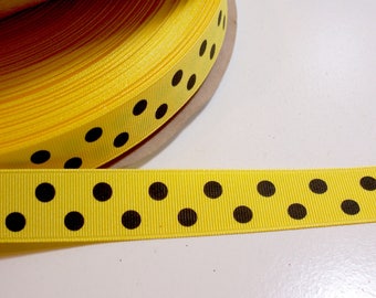 Yellow Ribbon, Yellow and Black Polka Dot Grosgrain Ribbon 7/8 inch wide x 10 yards