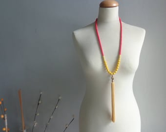 Yellow red tassel necklace, yellow statement necklace, long yellow necklace