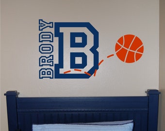 Basketball Name & Initial Wall Decal - Basketball Wall Decal - Sports Wall Decal - Personalized Basketball Wall Decal - Vinyl Wall Decal