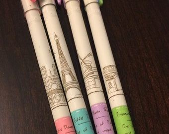 Eiffel Tower Roller Ball Gel Pens; 0.5mm Fine Point Pens with Blue or Black Ink; Paris Theme Pens; 4 Options Available