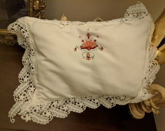 Hand Embroidered Baby Pillow Case with Lace trim