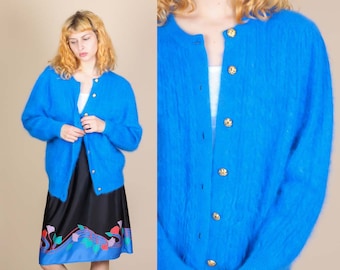 80s Fuzzy Angora Sweater - Extra Large // Vintage Blue Button Up Cardigan
