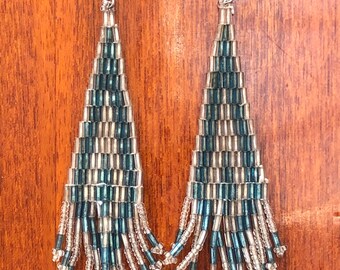 Teal and White Beaded Native American look Vintage Earrings